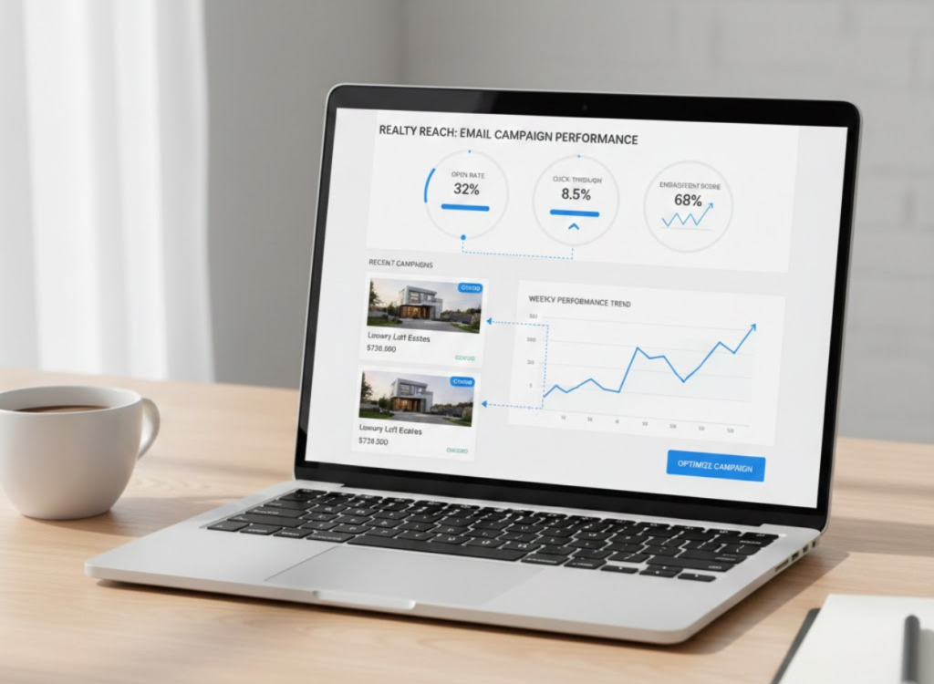Email performance dashboard showing open and click rates for real estate campaigns