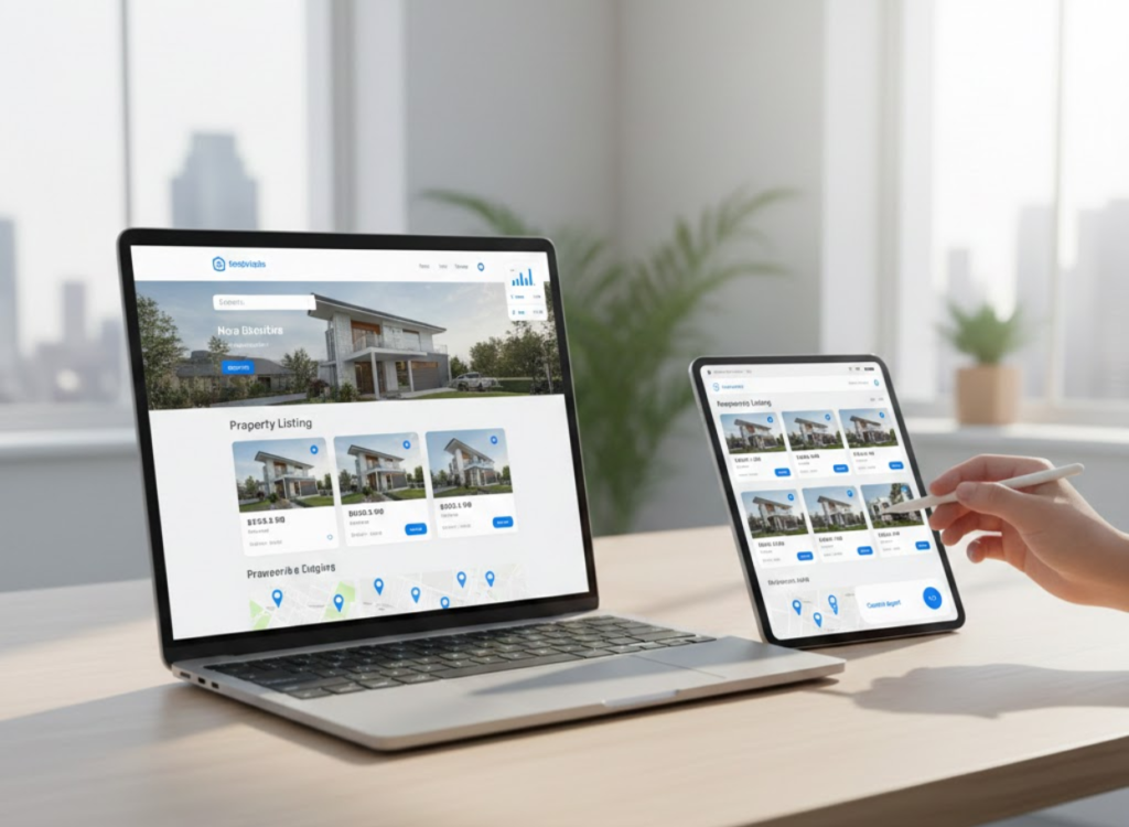 Fully responsive real estate website design on desktop, tablet, and mobile